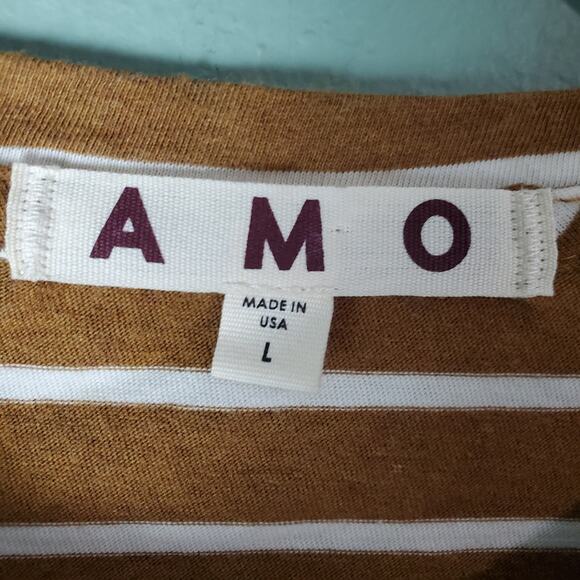 AMO Womens Long Sleeve Babe Tee Sepia Natural Striped Cropped Top Size Large - Picture 3 of 5